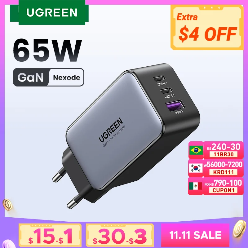 UGREEN 65W GaN Charger Quick Charge 4.0 3.0 USB C Charger for iPhone 16 15 14 Pro Max Laptop Macbook Air Tablet PD Fast Charger