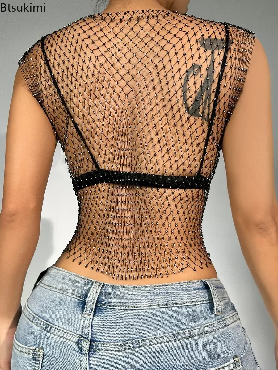 Sexy Diamond Fishing Net Crop Top 2024 Women's Summer Flash Diamond Hollow Out Sleeveless Tank Tops Ladies Vest Trend Streetwear