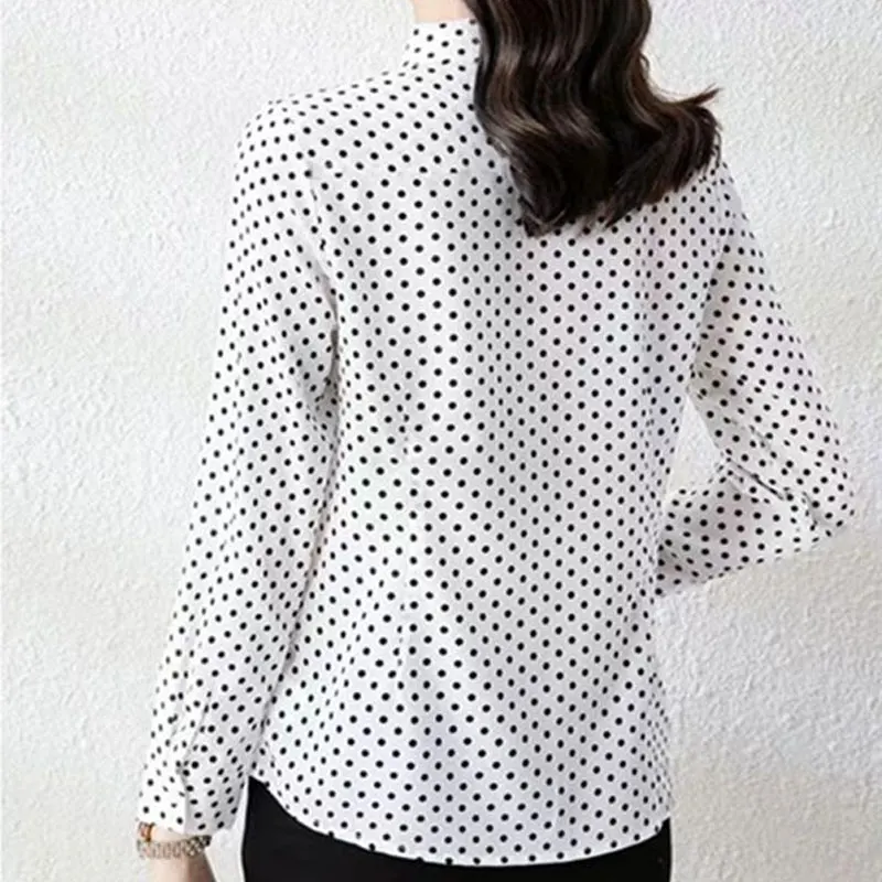 Office Lady Polka Dot Printed Shirt Spring Summer Long Sleeve Korean Single-breasted Female Clothing Casual Polo-Neck Blouse New