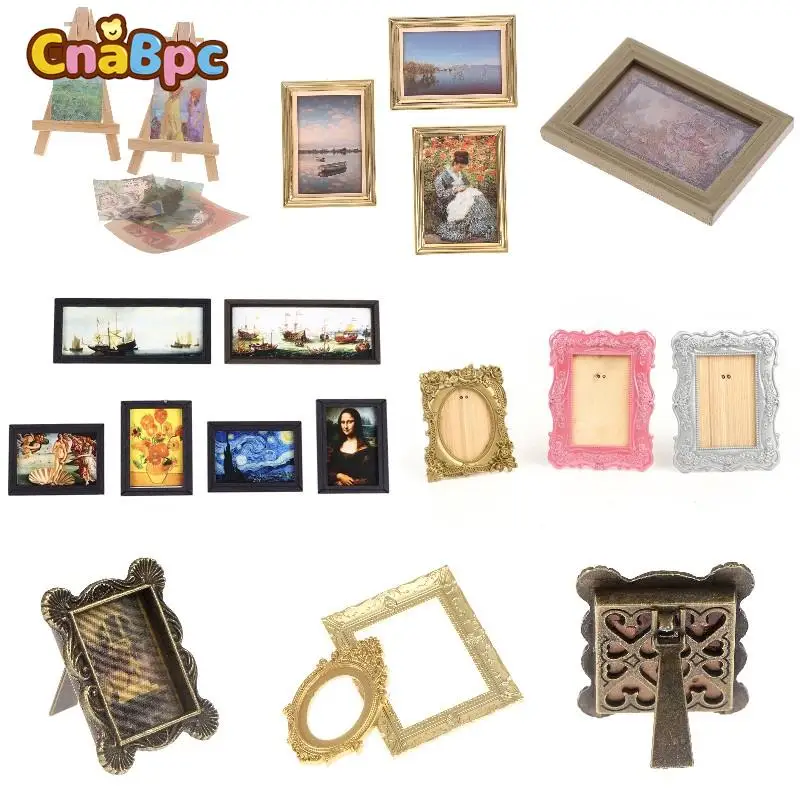 Vintage 1:12 Scale Dollhosue Photos Oil Painting Mural Wall Picture Dollhouse Mini Photo Picture Frame Crafts Dollhouse Decor