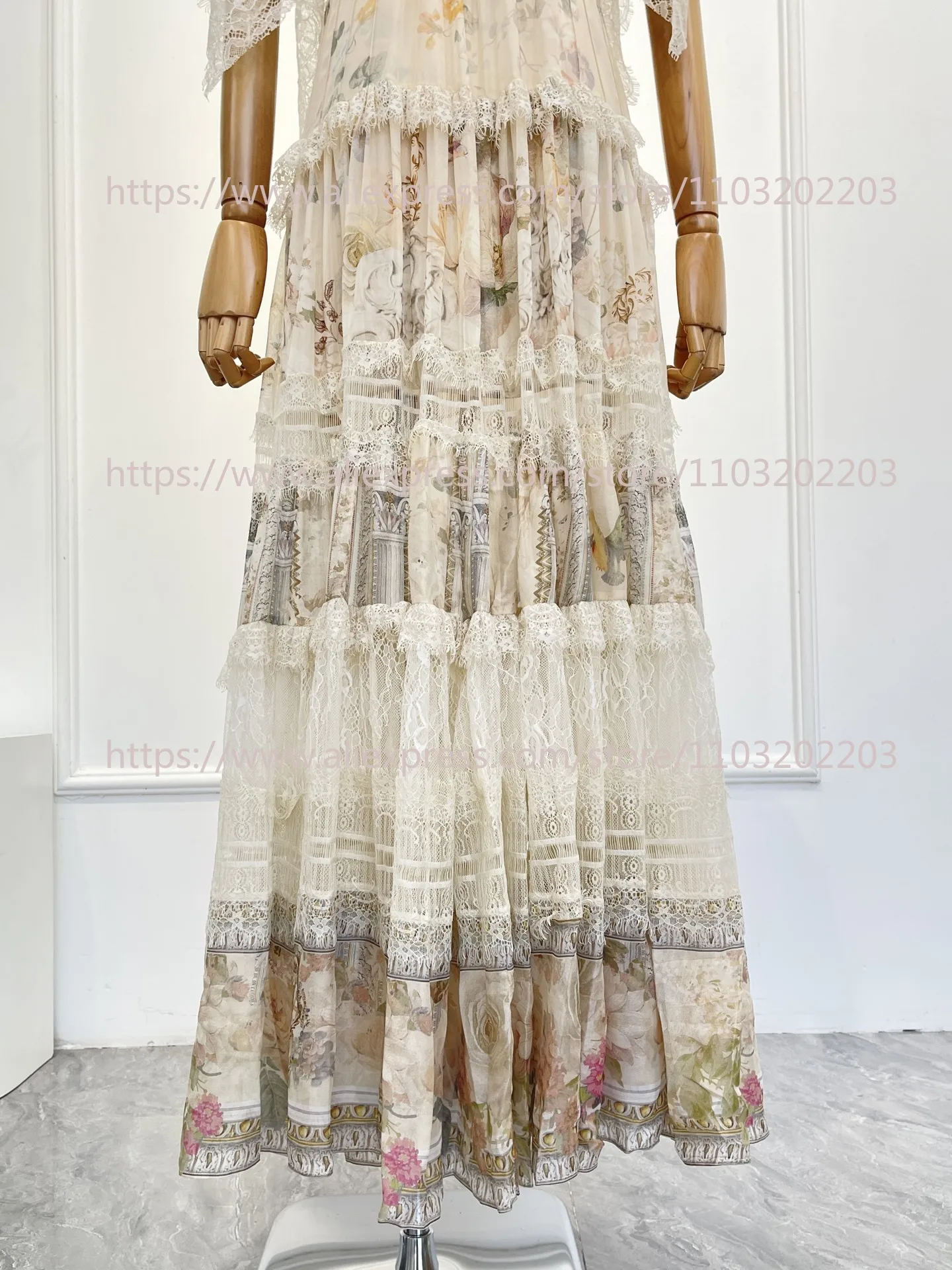 

2026 New Beautiful White Beige Floral Butterfly Print Diamonds Short Sleeve Lace Patchwork Deep V Neck Midi Dress