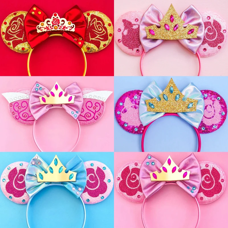 

Disney Princess Aurora Ears Sleeping Beauty Headbands Girls Sequins Bow Hairbands Women Rose Hair Accessories Kids Kawaii Gifts