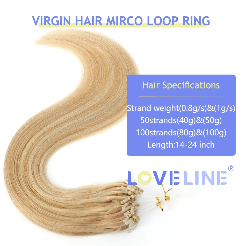 Loveline micro laço extensões de cabelo humano em linha reta loira cabelo microlink extensões de cabelo fusão cor pura cabelo 14-24 Polegada