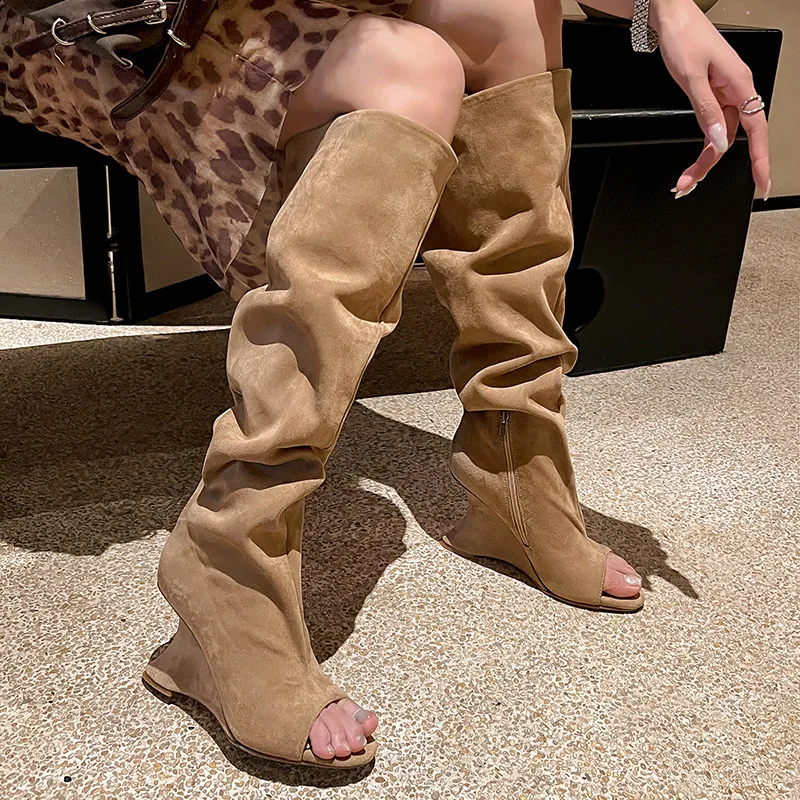 MKKHOU Fashion Knee length Boots Women's New High Quality Suede Open Toe Fish Mouth Boots with Folded Wedge Heels High Boots