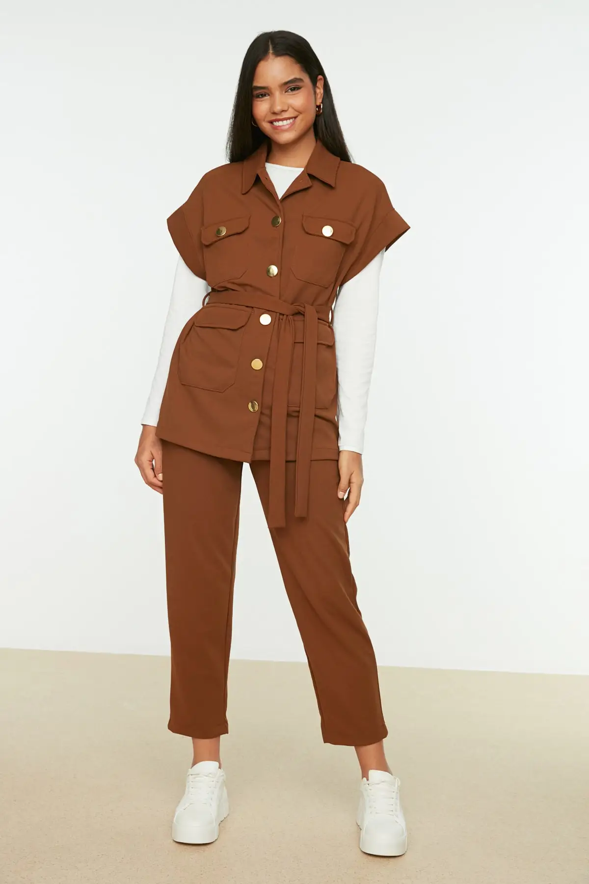 Celana Panjang Rompi Kancing Emas Camel Setelan Bawahan