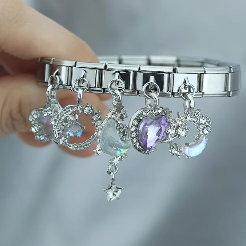 Hapiship 2024 Women Fashion Moon Star Heart Shiny CZ Charms Italian Link Fit 9mm Bracelet Stainless Steel Making Jewelry DJ1215