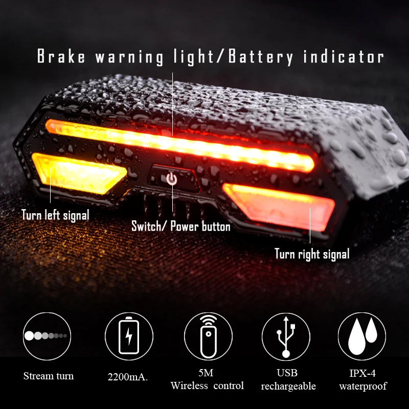 Smart Bike Tail Light Wireless Control Beams Turn Signs USB Rechargeable and Easy to Install Ebike Rear Light