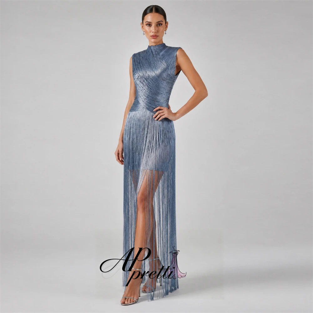 AP pretti High Neck Sleeveless Evening Dress Customized Pleated Shining Long Tassel Formal Prom Party Gown Vestidos De Noche