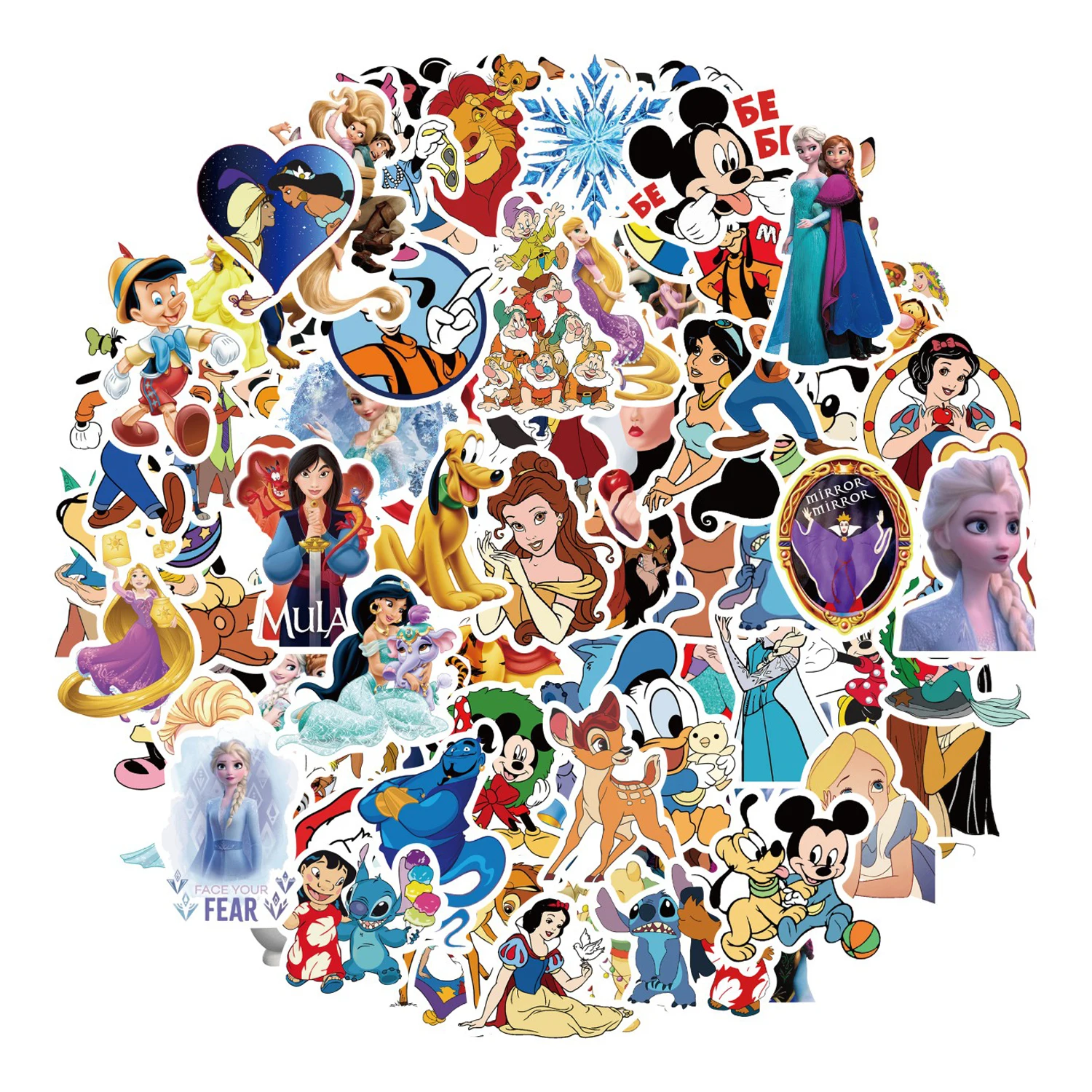 10/50/100pcs Cartoon Disney Stickers Princess Character Micky Scrapbook Children Stickers Skateboard Phone Notebook Suitcase