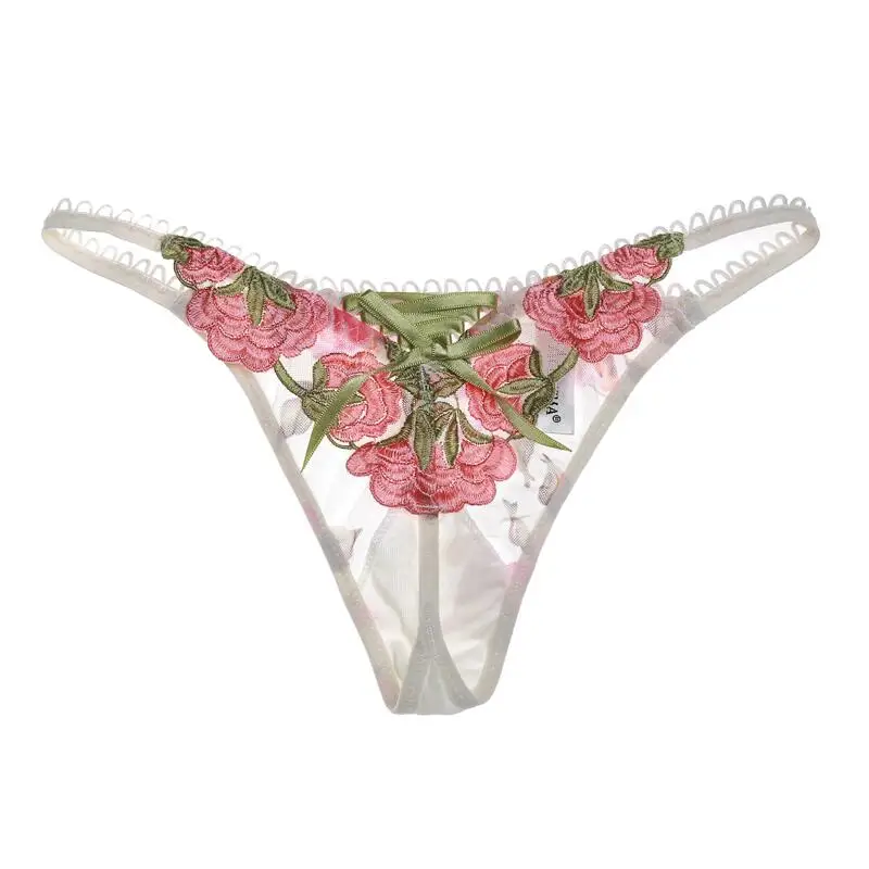 Sexy Floral Embroidered T-Back Panties for Women, Sheer Mesh Thong with Rose Lace Trim, Low Waist Lingerie Underwear