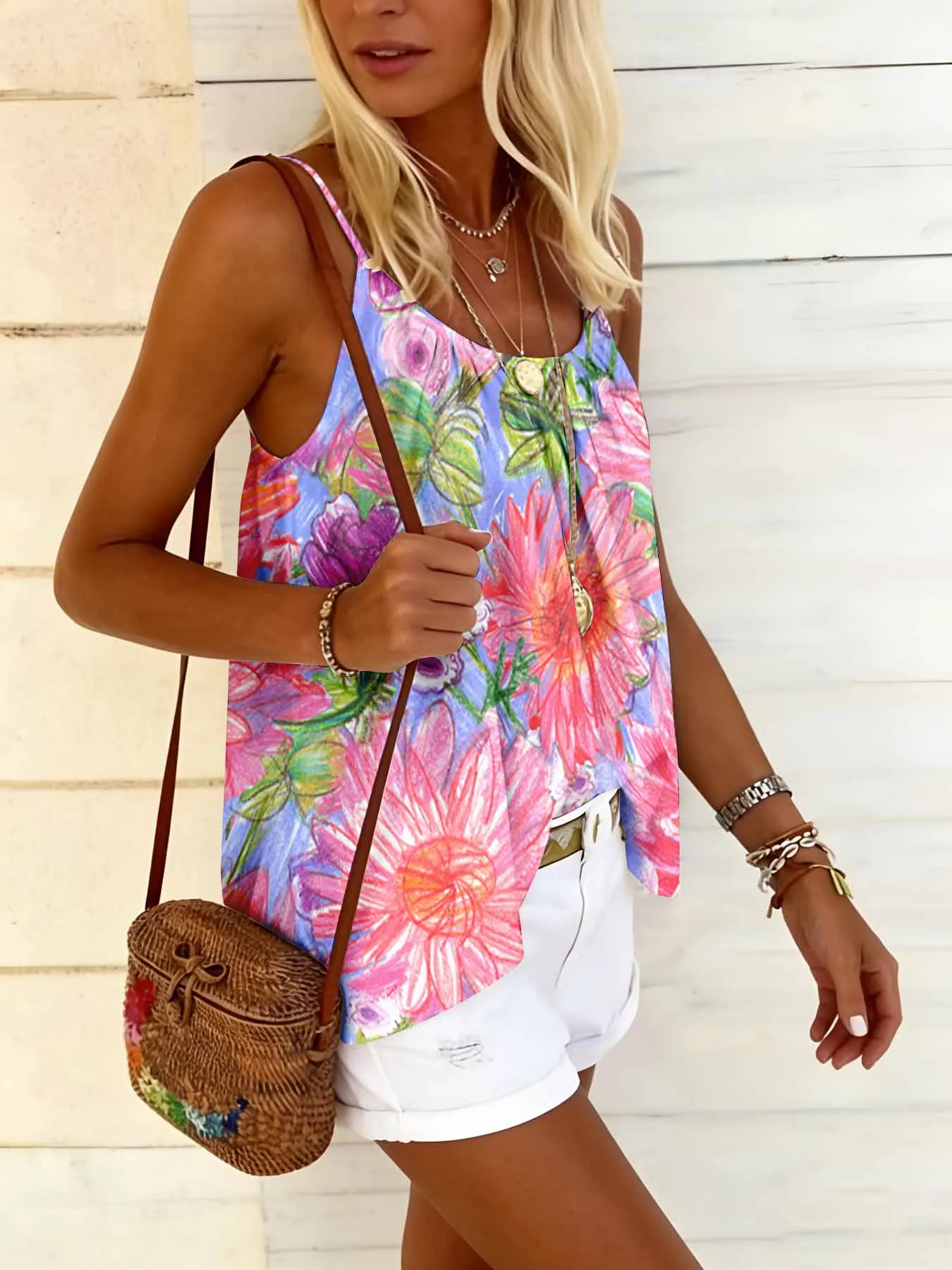 Sommerliches, lockeres Camisole-Top mit Rundhalsausschnitt, bequem, hautfreundlich, lässig, vielseitig, temperamentvolles Oberteil für Damen – Detail 5