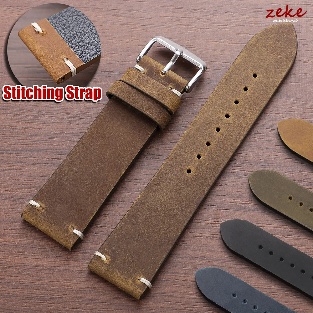 Vintage braunes Leder-Uhrenarmband mit Nähten, Rindslederarmband für Huawei Watch Gt3/Gt4 18/20/21/22/24 mm Herren-Armband für Seiko