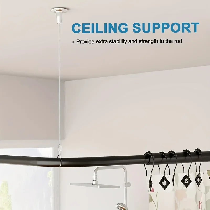 1pc Curtain Rod/Shower Curtain Rod Support Rope, Adjustable Ceiling Hanging Bracket, Suitable for Curved/L-Shaped/Curtain Rods view 3