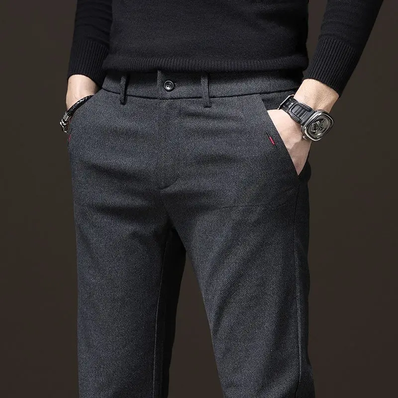 Spring Autumn Men\'s Casual Pants Business Fashion Elastic Waist Slim Fit Stretch Thick Gray Black Cotton Trousers Male