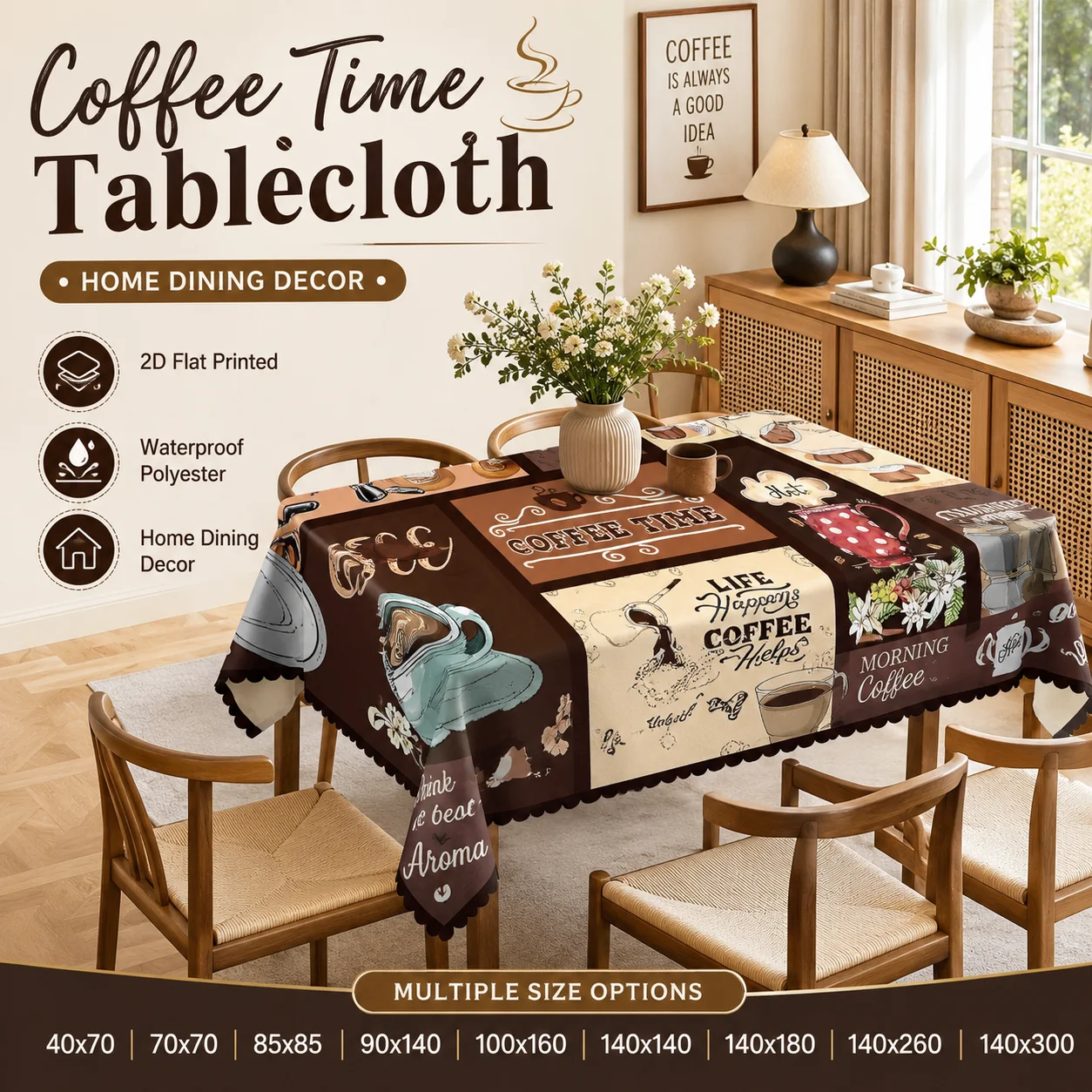 

Retro Morning Coffee Tablecloth Waterproof Polyester 2D Flat Printed Washable Table Cover For Home Dining Kitchen Decor