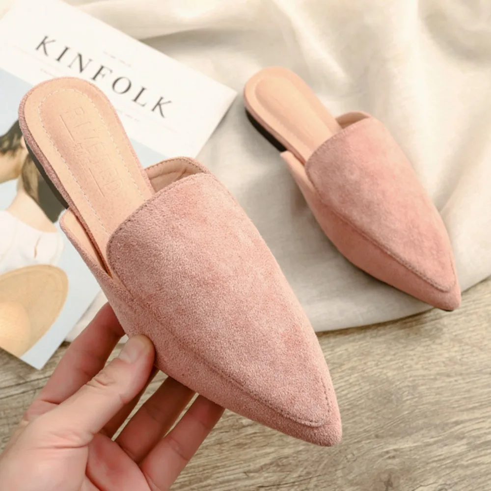 Women Slippers Outwear Summer Fashion Bag Head Flat Bottom Pointed Half Slippers Women's Suede Muller Shoes Large Size 4142