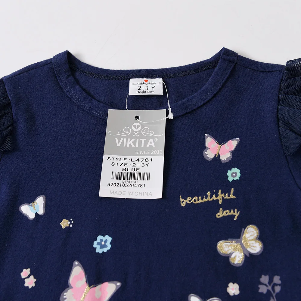 VIKITA Girls Autumn Spring Flare Sleeve T Shirt Kids Butterfly Floral Print Cartoon Tees Girls Cotton Casual Navy Blue Tops