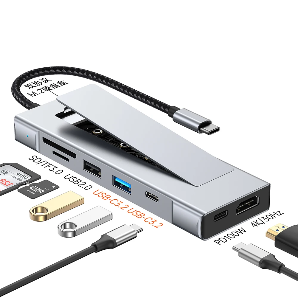 8-in-1 Type-C Multiport Hub with M.2 SSD Enclosure, USB 3.2 Docking Station, 4K@60Hz Video Output Multi-Function Adapter