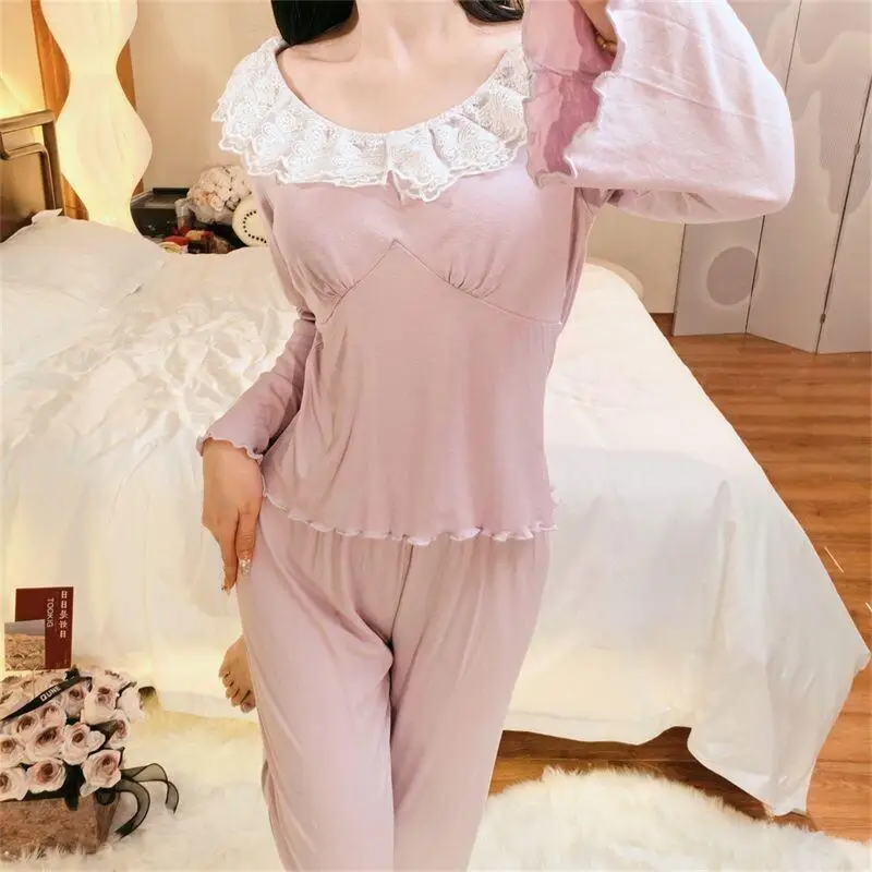 

New Hot Lace Trim Pajamas Velvet Long Sleeve Thin Women Homewear with Chest Pad Niche Style Spring Autumn New Elegant Sleepwear