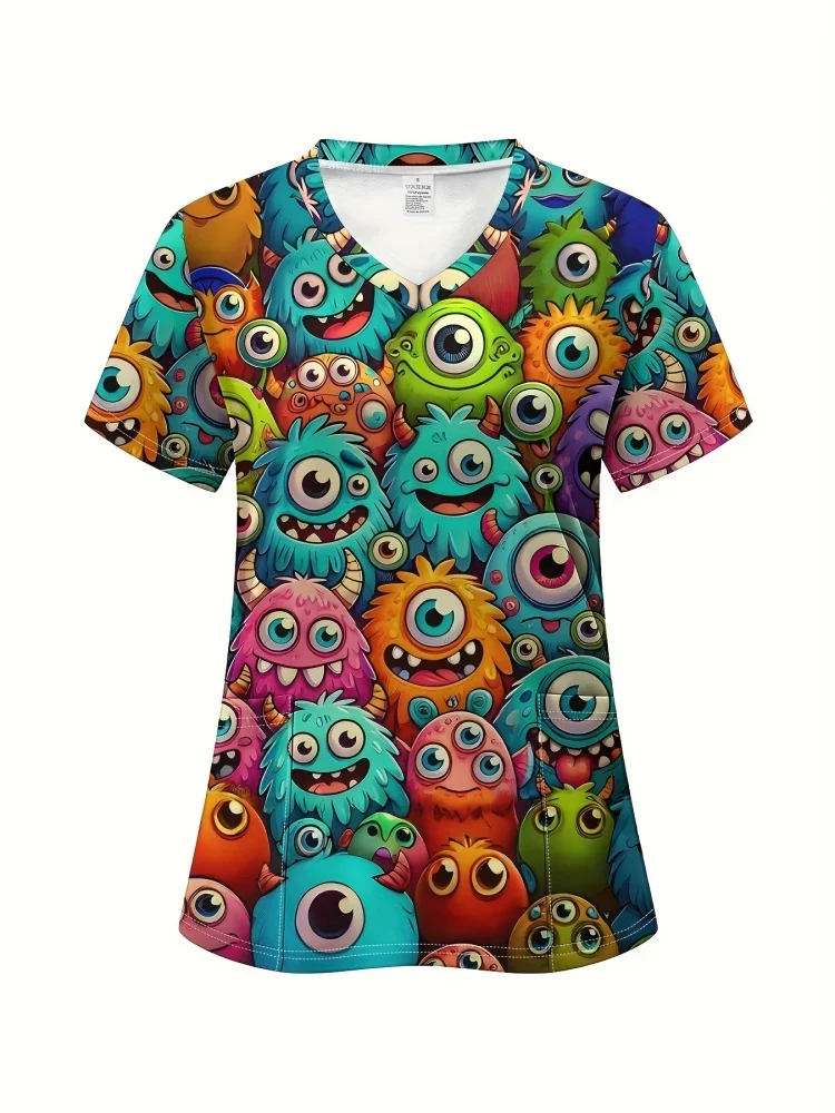 Клиническая униформа, женская униформа с принтом динозавра, ветеринарные скрабы, женские топы с v-образным вырезом и короткими рукавами, микроэластичная униформа медсестры, женская униформа
