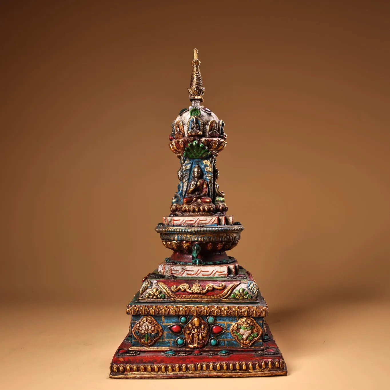 

13"Tibetan Temple Collection Old Bronze Painted Outline in gold Mosaic Gem Turquoise Shakyamuni's Four Sided Pagoda Worship Hall