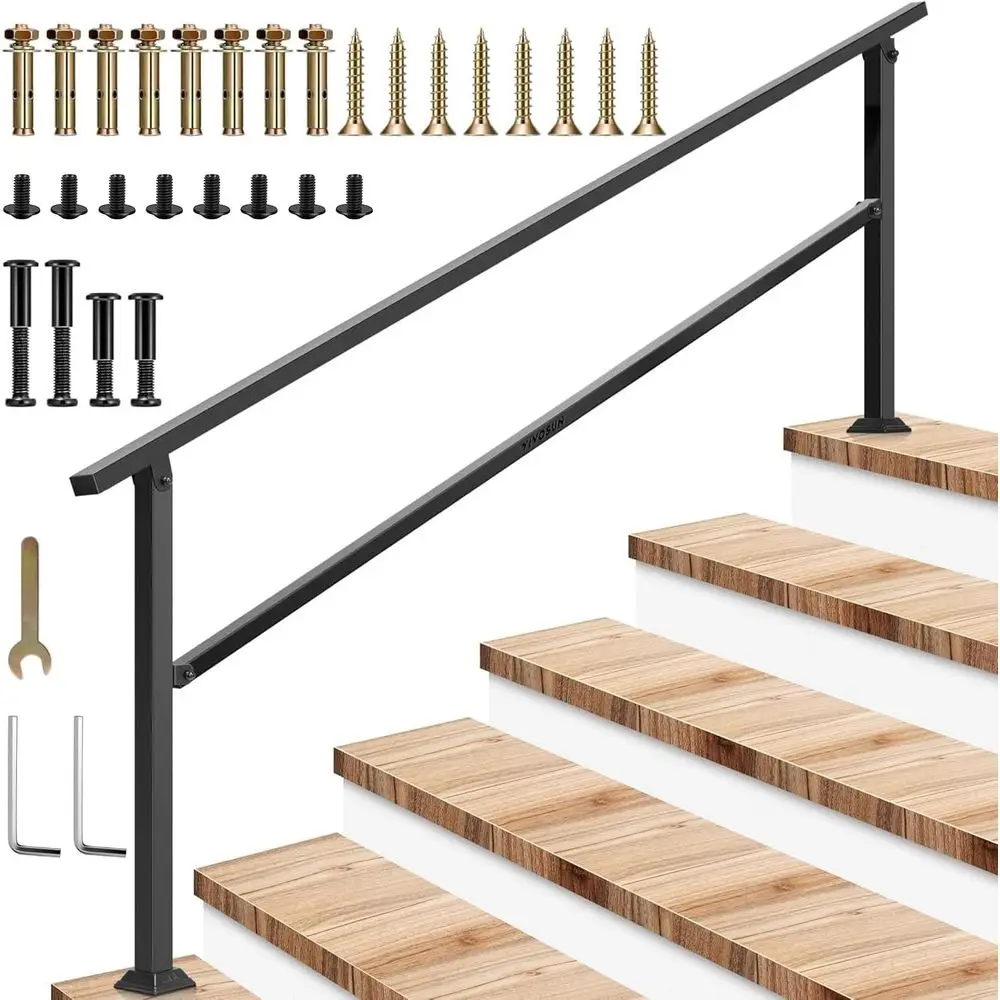

6-7 Step Stair Handrail, 83 x 36, 1 to 7 Steps, Wrought Iron, Concrete Steps, Porch Steps, Black, HR-0004