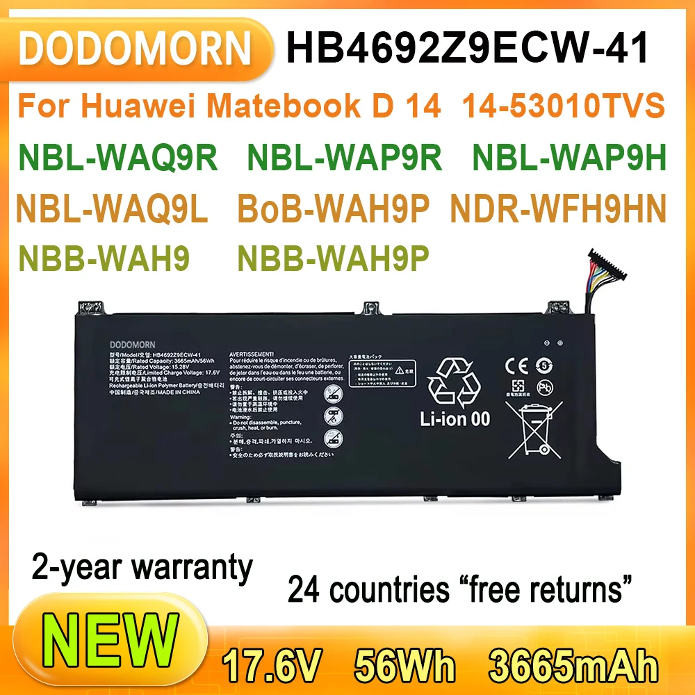 

New HB4692Z9ECW-41 Laptop Battery For Huawei MateBook D 14-53010TVS NBL-WAQ9R/WAP9R/WAQ9HNR NDR-WFH9HN BoB-WAH9P 56Wh 15.28V