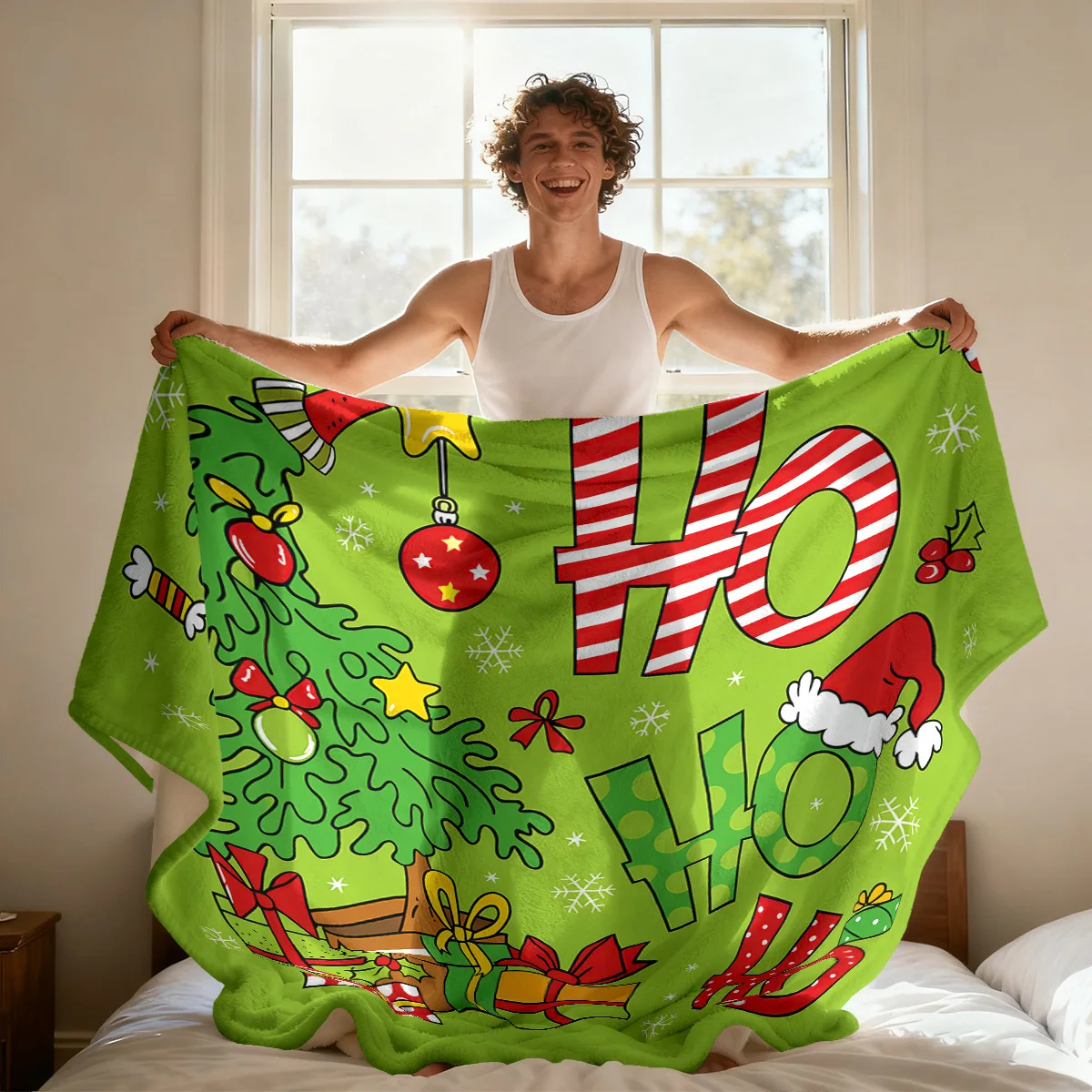 1pc Merry Christmas HO Christmas Tree Print Flannel Blanket Multiple Size Comfortable Nap Leisure Blanket Machine Washable