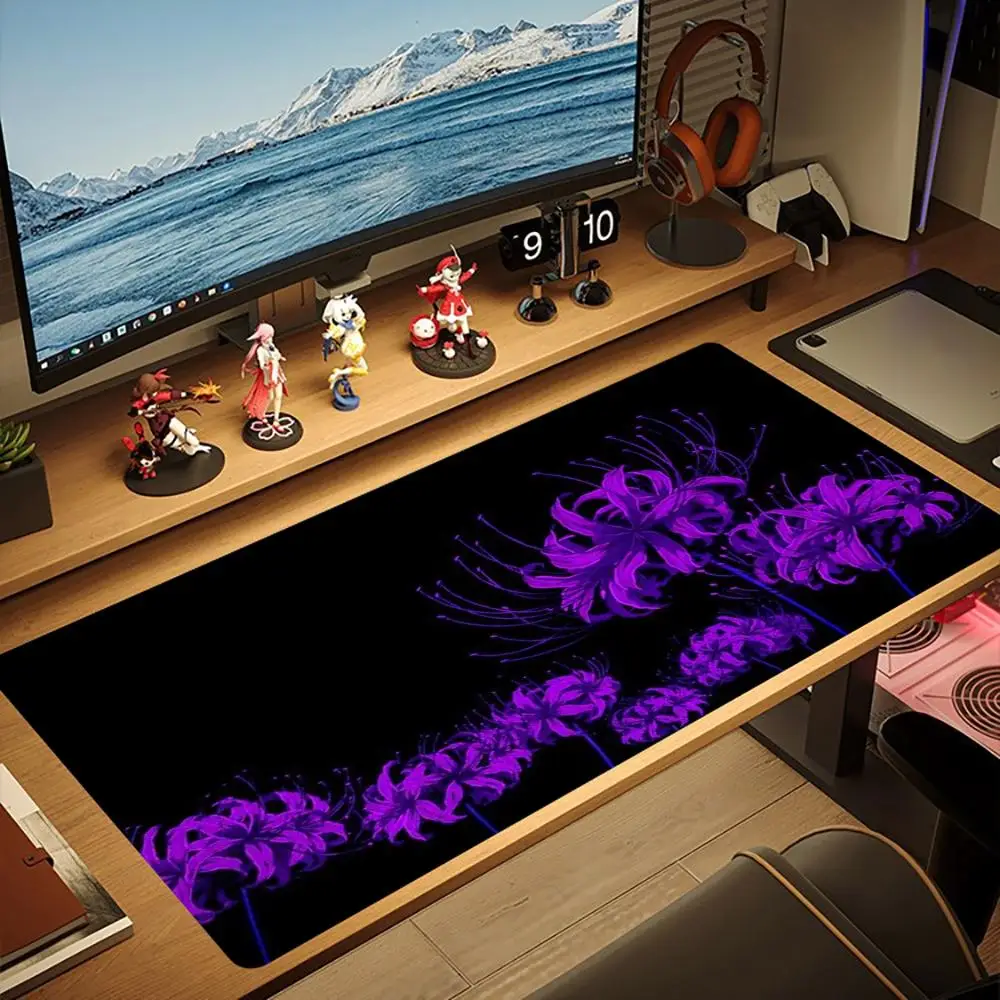 XXL Mousepad Gothic Lycoris Radiata Red Blue Purple Neon Floral Art Rubber Overlocked Keyboard Gaming Desk Mat PC Gaming Mats view 3