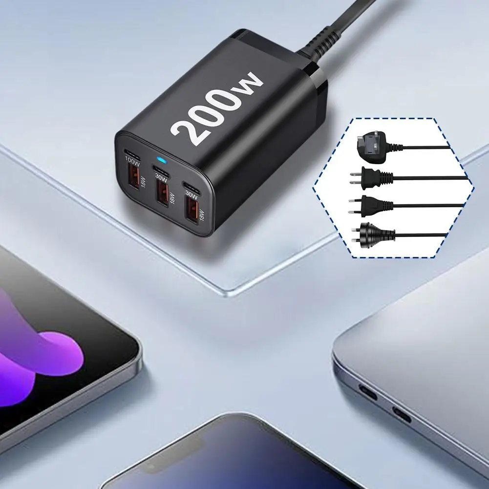 200W 6 Port USB C Fast GaN Charger Multi-function PD Power Charging Adapter