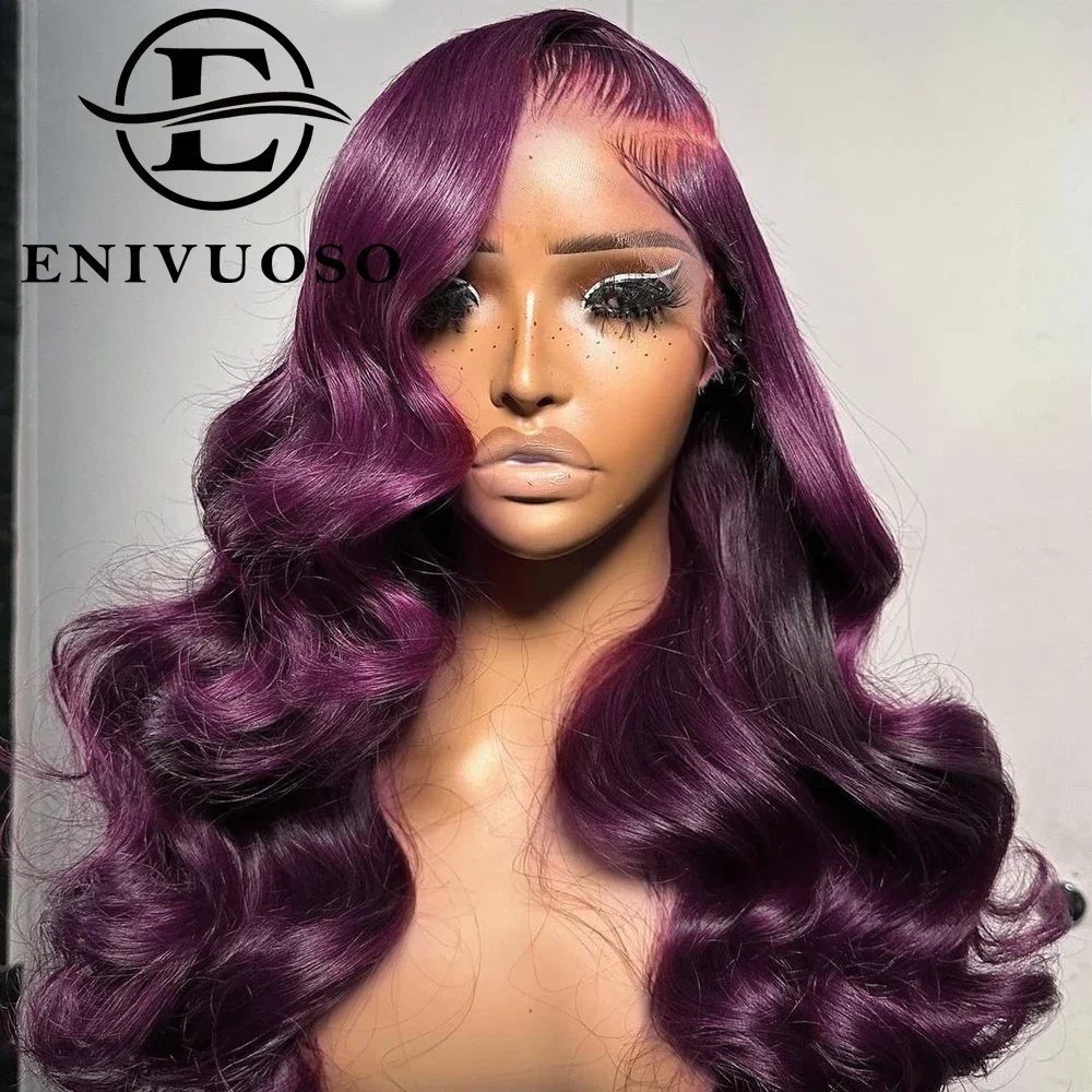 Dark Burgundy 13x4 Body Wave Lace Front Wigs for Women Grape Purple Glueless HD Transparent Lace Front Synthetic Wig Pre Plucked