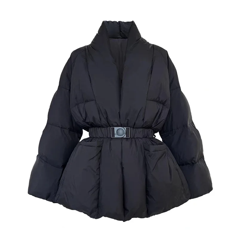 GC Women's 2026 Spring New Chinese Style Black Waist Cinched Padded Coat, Mid-length Slim Casual Outerwear