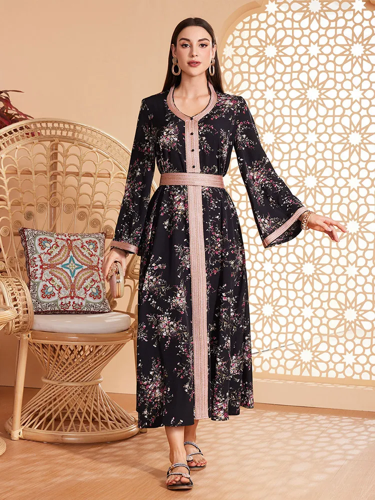 Neue Blumen Kaftan Arabisch langes Kleid Frauen gedruckt muslimischen marok kanis chen Party Kaftan Golf Jalabiya Dubai türkische Abayas schwarze Kleider