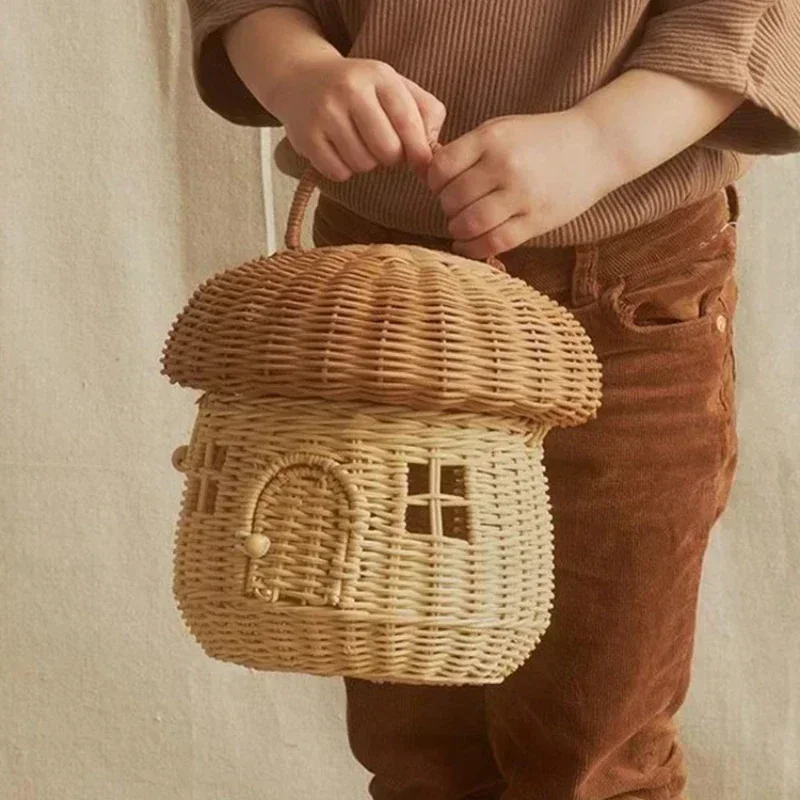 Handmade Rattan Castle Mushroom Basket Cute Woven Straw Storage Bags Vacation Beach Picnic Baskets Kids Toy Sundries Organizer