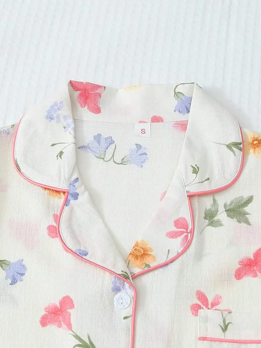 Women Floral Print Short Sleeve Button Up Pajama Set Sleepwear Loungewear