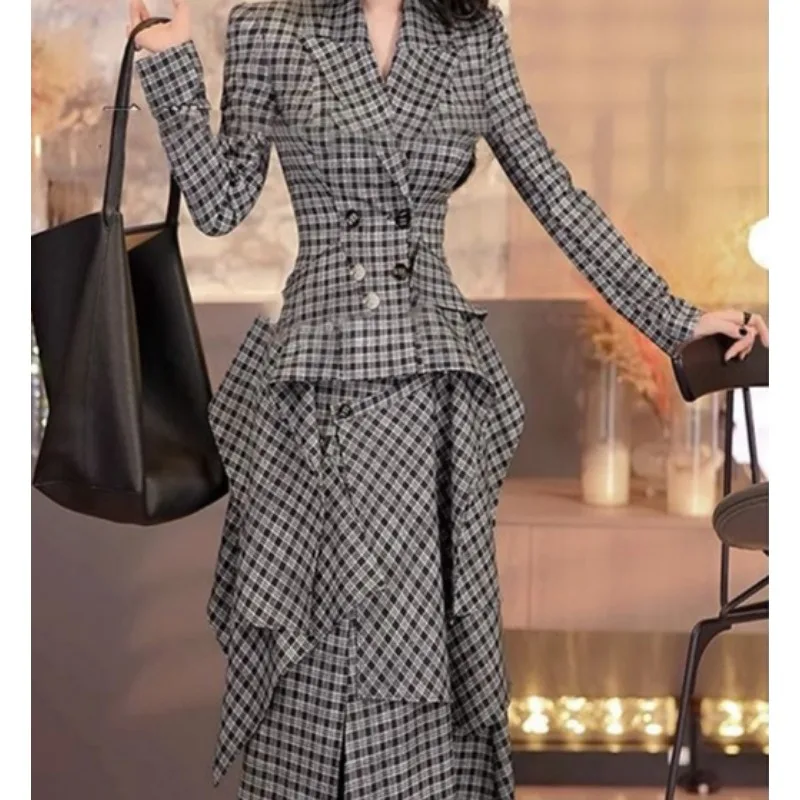 النمط البريطاني منقوشة بدلة صغيرة كبيرة سوينغ تنورة فستان طويل قطعتين مجموعة 2025 مزاجه جديد ارتداء مجموعة كاملة #2