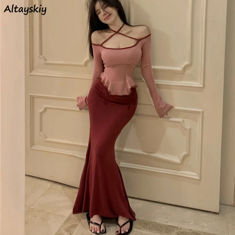 Women Two Pieces Sets Autumn Hotsweet Slim Tees Shirring Lace-up High Waist Hip-covering Skirts Korean Casual Daily Fashion 2024