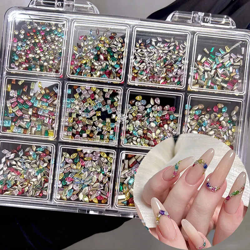 12 Grid Rhinestones Nail Charms Shiny Flat Back Zircon Nail Gems Mixed Multi Shape DIY Nail Art & Handcraft Jewelry Decorations