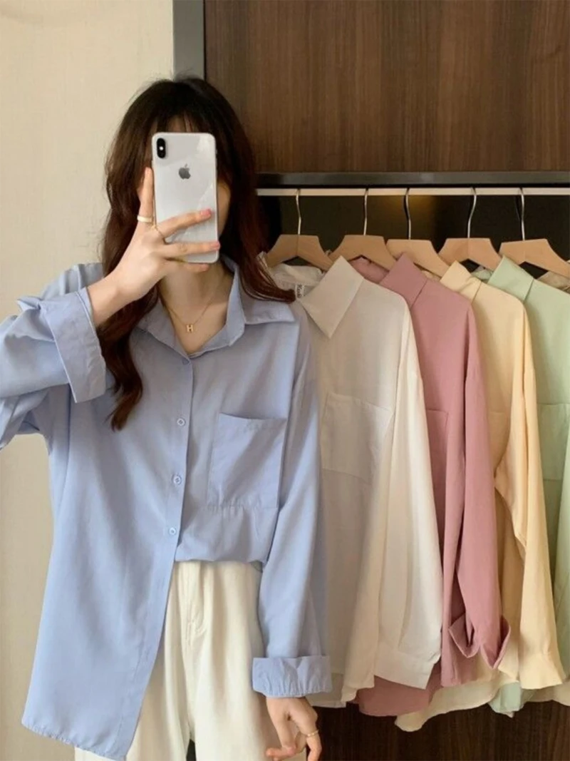 

Long Sleeve Shirts Women Satin Slim Fit Button Down Turn Down Collar Feminine Sweet Preppy Youthful Korean Daily Streetwear Look
