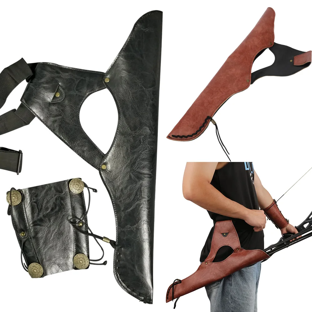 

Archery Arrow Bag with Arm Guard Space Leather 2 Layer PU Arrow Quiver Adjustable Waist Belt Left/Right Hand Hunting Shooting