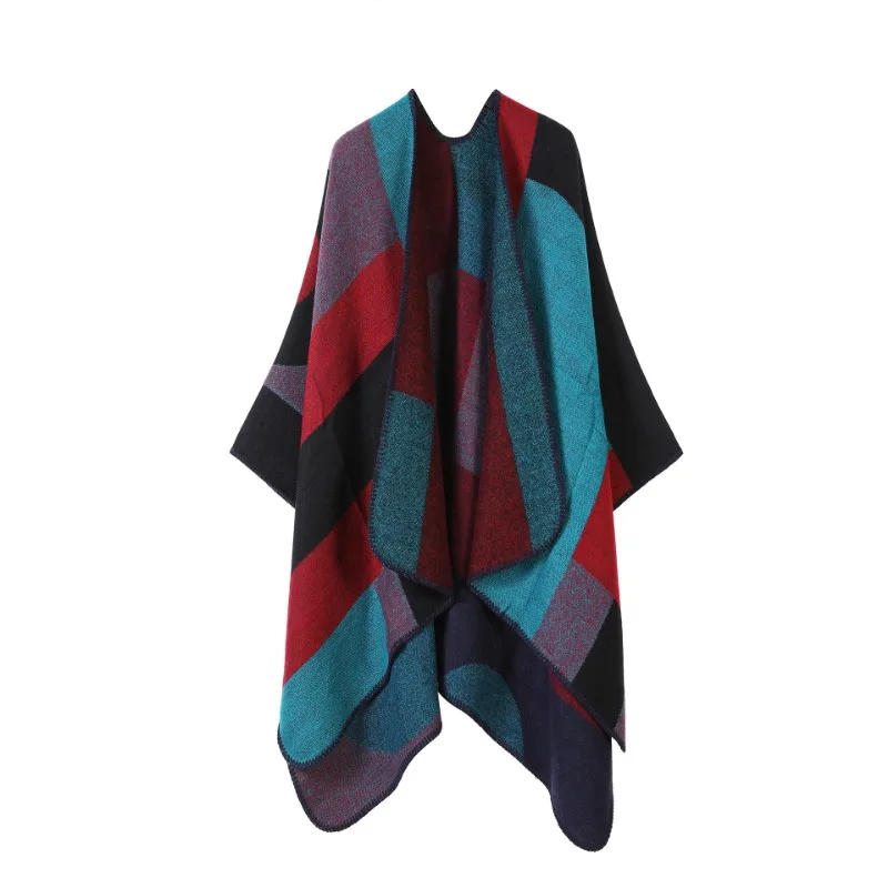 Gradient Colors Shawl Capes Printed Plaid Cardigan Loose Poncho Blanket Women Faux Cashmere Cloak Big Pendulum Out Streetwear