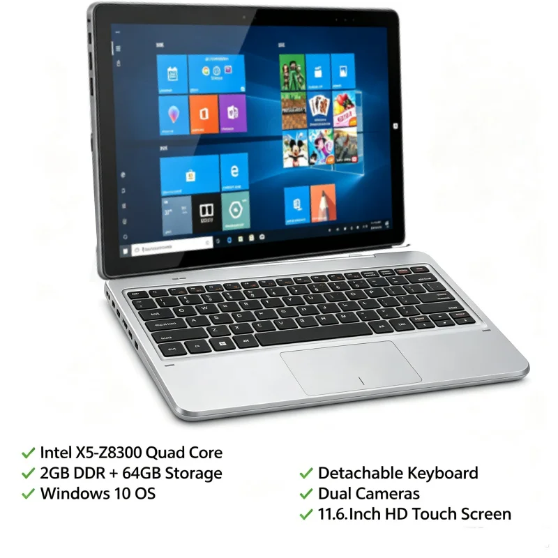 2-in-1 윈도우 10 태블릿 PC, 11.6인치, 11A X5-Z8300 CPU, 2GB DDR, 64GB 플래시 메모리, 1366*768 IPS, 듀얼 카메라