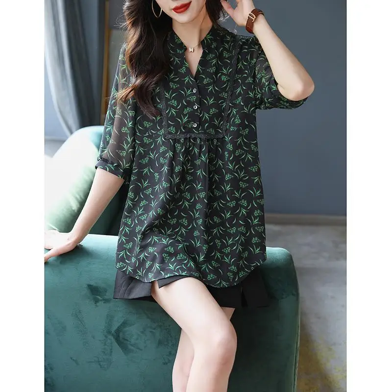 Women Lace Patchwork Elegant Middle Length Blouse Summer Trendy Print V Neck Half Sleeve Loose Shirts Irregular Tunic Tops Blusa