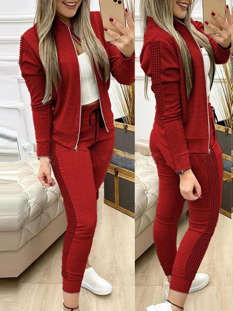 Tracksuits Women Elegant Two-Pieces Suit Sets Female Stylish Greek Fret Print Coat & Pant Zip Sets Joggers Women