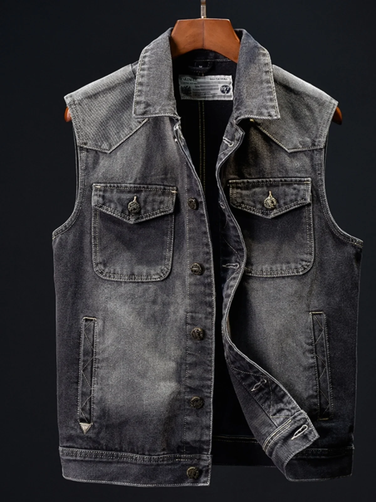 

Retro Waed Denim Workwear Jaet Men's Slim Fit Svel Vest Trendy Top Brand Spring Autumn Turn-down Collar Utili ket