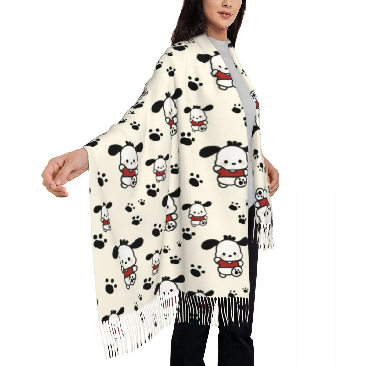 مخصص أنيق Pochacco الكرتون شرابة وشاح المرأة شتاء خريف شالات دافئة يلتف السيدات الأوشحة