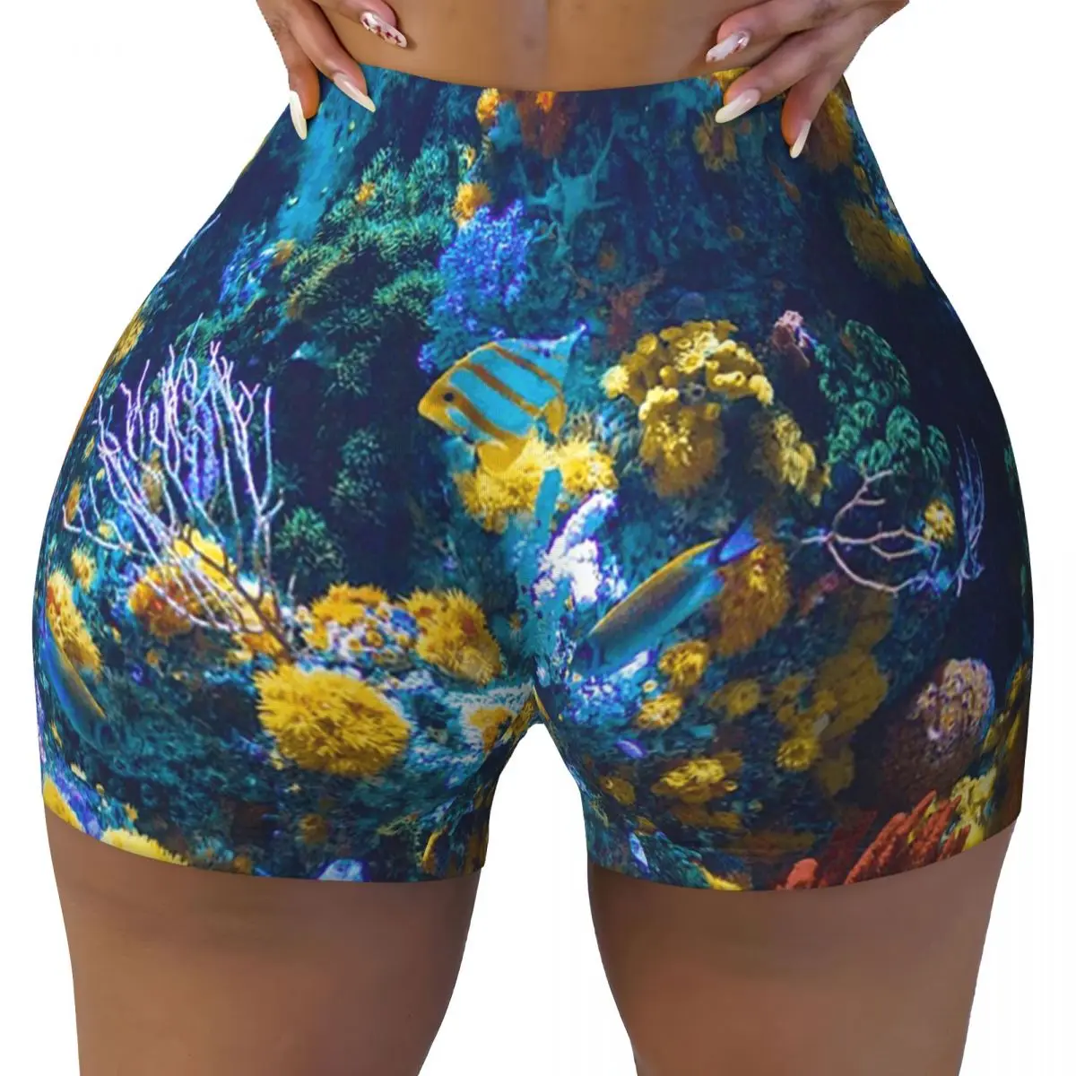 กางเกงขาสั้นโยคะลายปะการังสีสันสดใสสไตล์ออสเตรเลียพร้อมปลาเขตร้อนสำหรับผู้หญิง ออกกำลังกาย วิ่ง เล่นกีฬา วอลเลย์บอล ปั่นจักรยาน