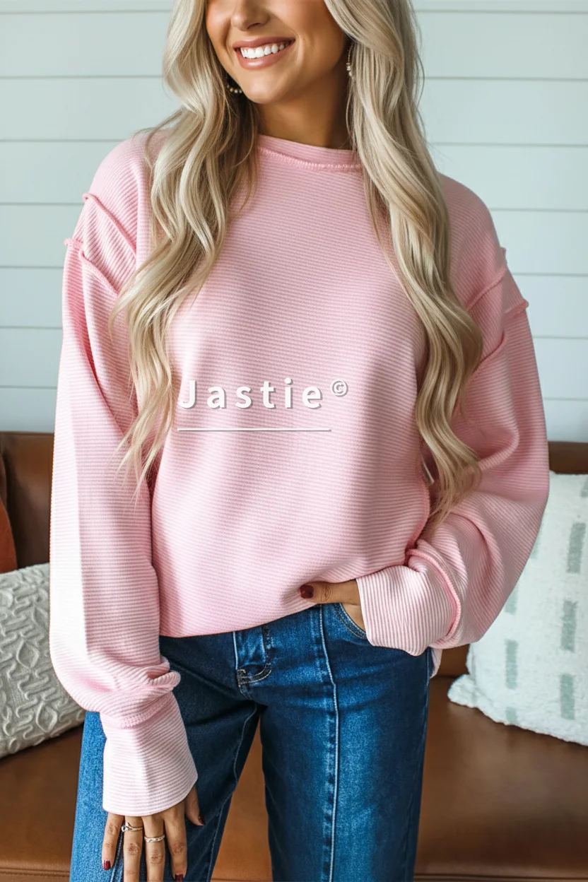 Sudadera con cuello redondo acanalado rosa para mujer, jersey de punto suave de manga larga de gran tamaño para comodidad y estilo informal de uso diario/semanal