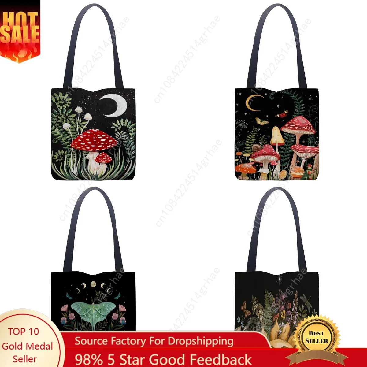 Chinese Style Printing Line Bag Bright Colors Butterfly And Moon Women's Handbag Art Forest Red Mushroom Pattern Tote Bag