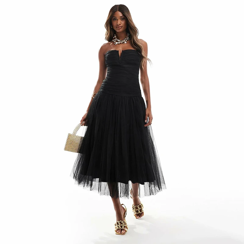 فستان BOEING أنيق على شكل حرف a للحفلات الراقصة أسود بدون حمالات بدون أكمام طيات ثنيات من التل رداء حفلات طول الكاحل فستان سهرة مخصص